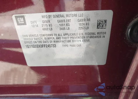 2015 Chevrolet Malibu 2Lz from USA, damaged, VIN 1G11G5SX8FF245733